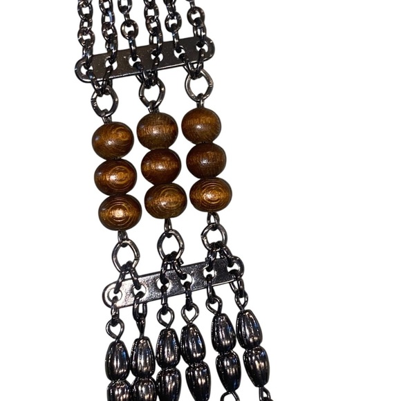 Boho style silver tone and wood bead long layered chain necklace - Picture 2 of 7